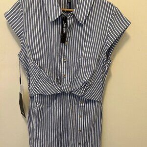 White House Black Market Blue White Striped Shirt Dress Size 2 NWT